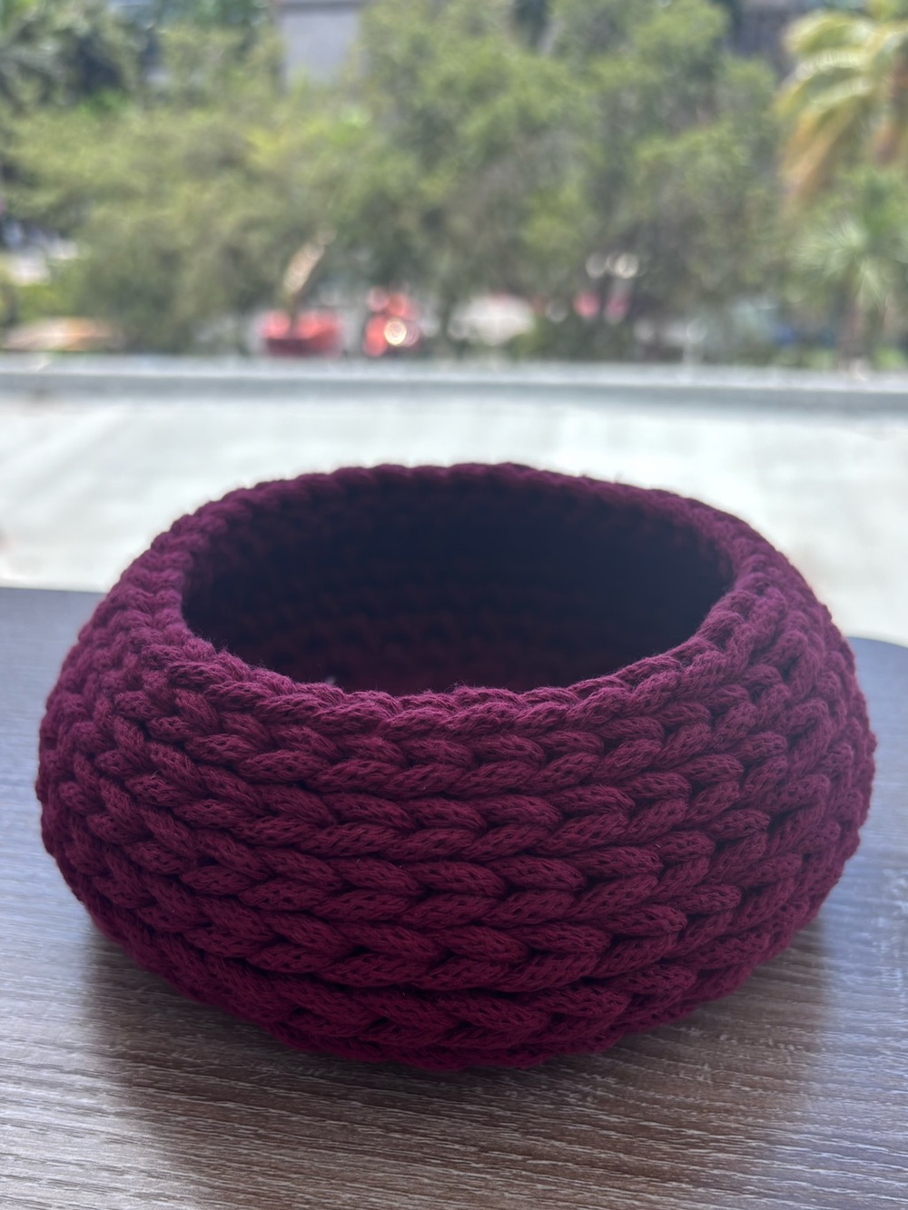 Knit crochet storage basket in a rich burgundy / wine color